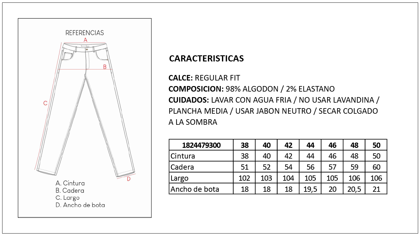 Tabla de Talles Pantal&oacute;n Chino Hombre Britches